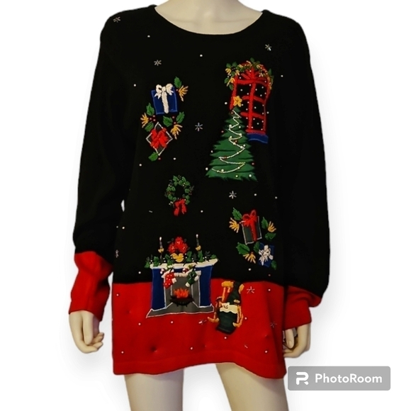 Y2K VTG Embroidered Beaded Ugly Christmas Oversized Long Sleeve Sweater - Picture 1 of 7